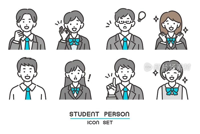 简单易用的矢量插图的学生的脸图标在西装制服/制服/高中生/初中生/补习班
